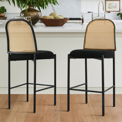 Bay Isle Home Enochville Boucle Upholstered Counter Stool with Rattan Backrest and Metal Frame Set of 2 Upholstery Black Bar Stools